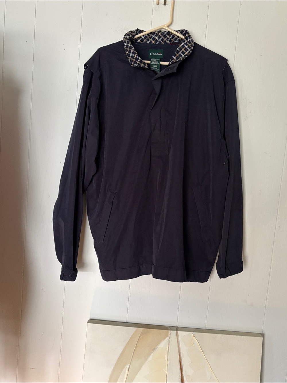 Catalina Navy Lightweight Pullover Shirt Jacket with Plaid Collar